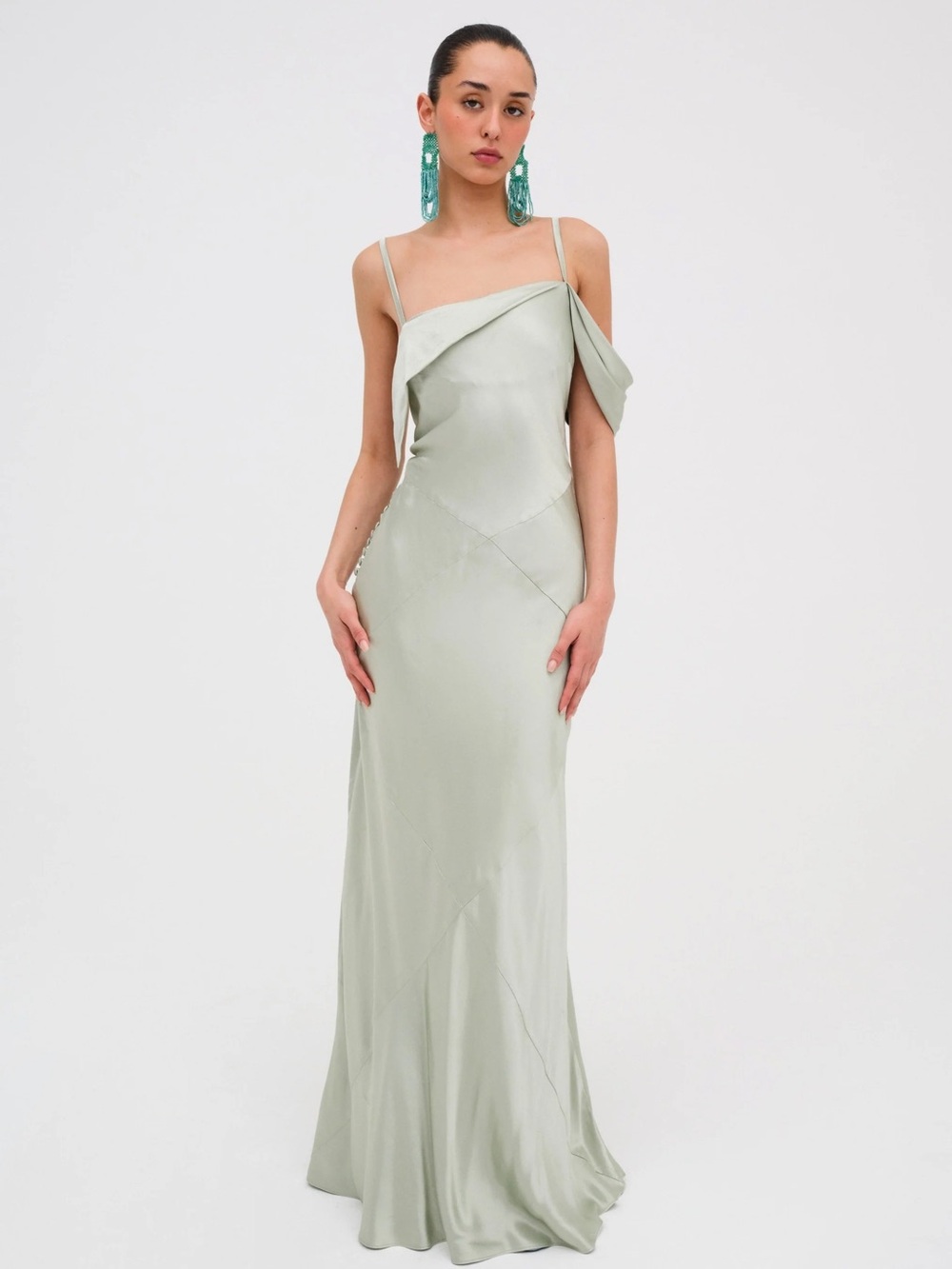 For Love And Lemons Jewel Maxi Dress -  Sage Satin Asymmetric Slip